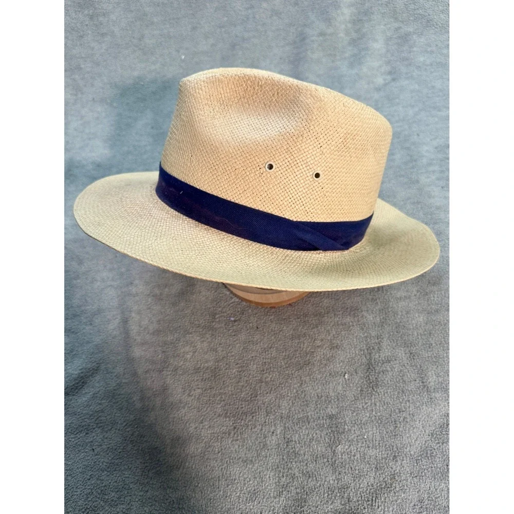 Dobbs Fifth Avenue Straw Fedora Hat Tan Navy Blue Band Mens‎ Vintage Style